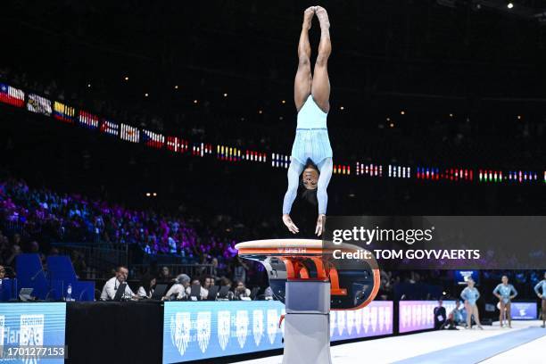 Simone Biles pictured at the vault during the women's qualifications on the second day of the Artistic Gymnastics World Championships, in Antwerp,...