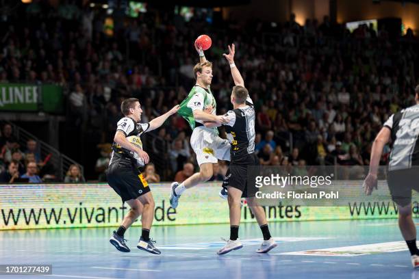 Mathias Gidsel of the Fuechse Berlin during the Liqui Moly Handball Bundesliga match between Fuechse Berlin and ThSV Eisenach on October 1, 2023 in...