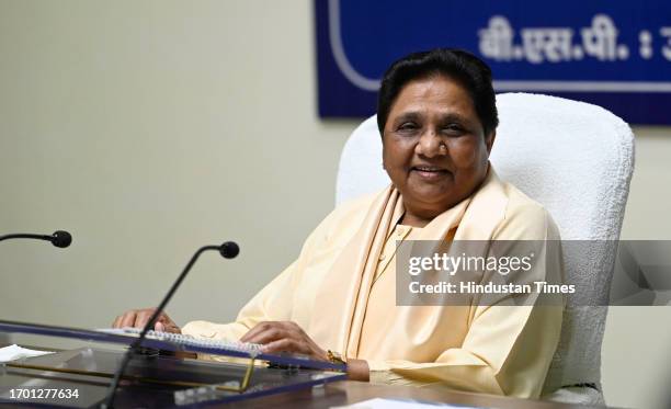 Bahujan Samaj Party supremo Mayawati chairs a meeting of party's office bearers ahead of 2024 Lok Sabha elections, at party office, on October 1,...