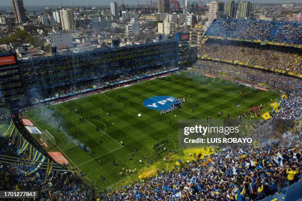 Aerial view of La Bombonera stadium before the beginning of the Argentine Professional Football League Tournament 2023 Superclasico match between...