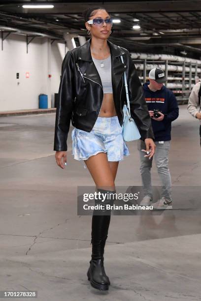 Olivia Nelson-Ododa of the Connecticut Sun arrives to the arena before the game against the New York Liberty during round two game four of the 2023...