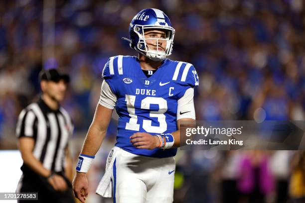 Riley Leonard of the Duke Blue Devils looks on against the Notre Dame Fighting Irish at Wallace Wade Stadium on September 30, 2023 in Durham, North...