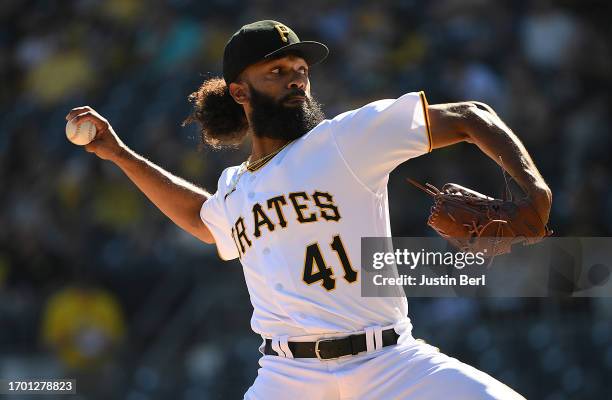 Andre Jackson of the Pittsburgh Pirates pitches in the first inning against the Miami Marlins at PNC Park on October 1, 2023 in Pittsburgh,...