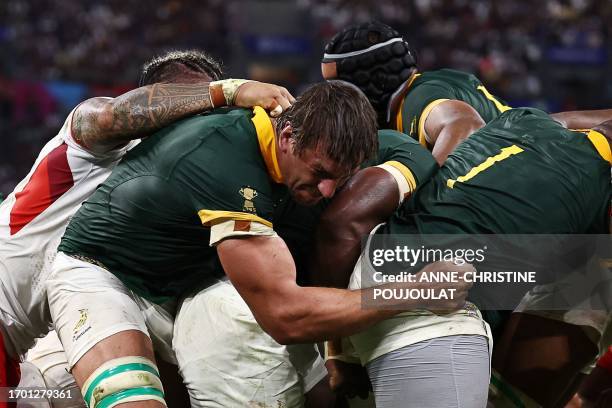 South Africa's flanker Duane Vermeulen fights for the ball during the France 2023 Rugby World Cup Pool B match between South Africa and Tonga at...