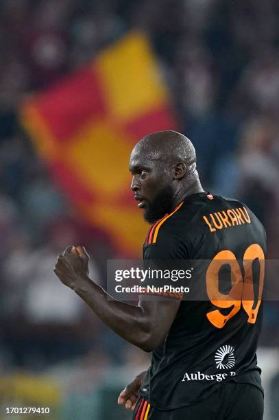 Romelu Lukaku of AS Roma celebrates after scoring first goal during the Serie A Tim match between AS Roma and Frosinone Calcio at Stadio Olimpico on...
