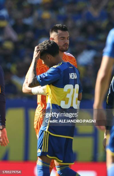 Boca Juniors players react after losing against River Plate during the Argentine Professional Football League Tournament 2023 Superclasico match at...