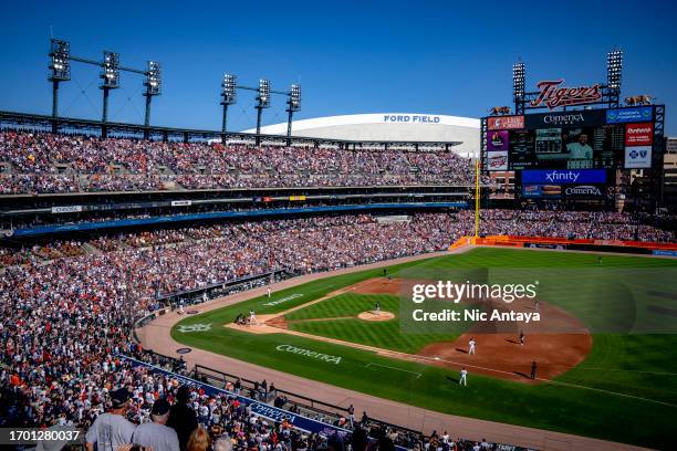 Miguel Cabrera of the Detroit Tigers at bat during the bottom of the first inning against the Cleveland Guardians at Comerica Park on October 01,...