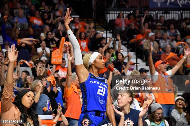DiJonai Carrington of the Connecticut Sun reacts during the game against the New York Liberty during round two game four of the 2023 WNBA Playoffs on...