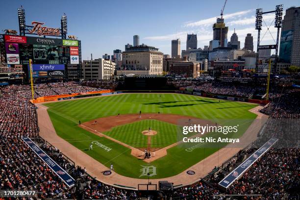 An overall view during the game between the Cleveland Guardians and Detroit Tigers at Comerica Park on October 01, 2023 in Detroit, Michigan.