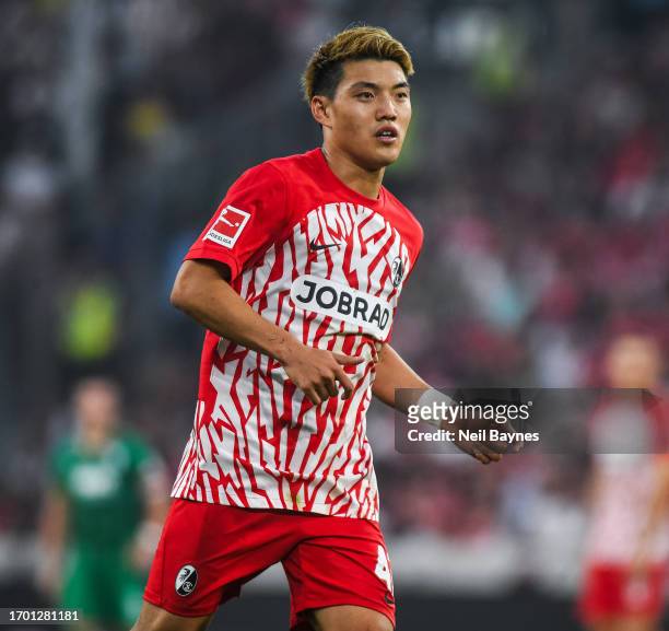 Ritsu Doan of SC Freiburg looks on during the Bundesliga match between Sport-Club Freiburg and FC Augsburg at Europa-Park Stadion on October 1, 2023...
