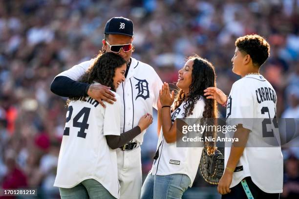 Miguel Cabrera of the Detroit Tigers embraces his family after playing his last game against the Cleveland Guardians at Comerica Park on October 01,...