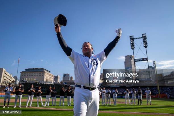 Miguel Cabrera of the Detroit Tigers reacts after playing in his last game against the Cleveland Guardians at Comerica Park on October 01, 2023 in...