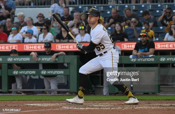 Jack Suwinski of the Pittsburgh Pirates hits a two-RBI double in the eighth inning against the Miami Marlins at PNC Park on October 1, 2023 in...