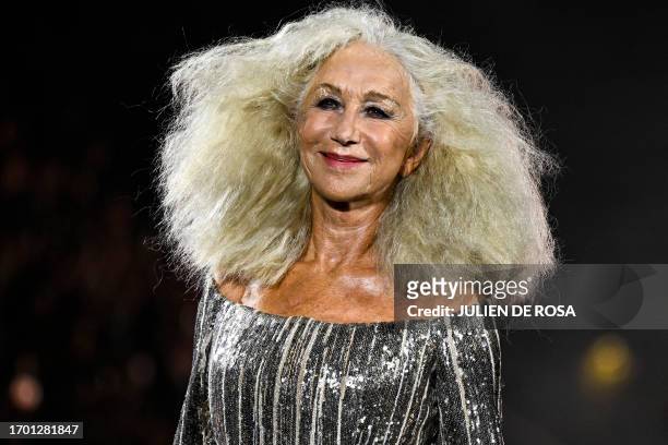 British actress Helen Mirren presents a creation for L'Oreal Paris during a show as part of the Paris Fashion Week Womenswear Spring/Summer 2024 in...