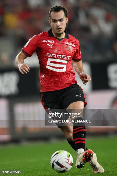 Rennes' Belgian defender Arthur Theate runs for the ball during the French L1 football match between Stade Rennais FC and FC Nantes at The Roazhon...