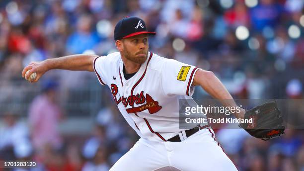 Michael Tonkin of the Atlanta Braves pitches during the ninth inning against the Washington Nationals at Truist Park on October 1, 2023 in Atlanta,...