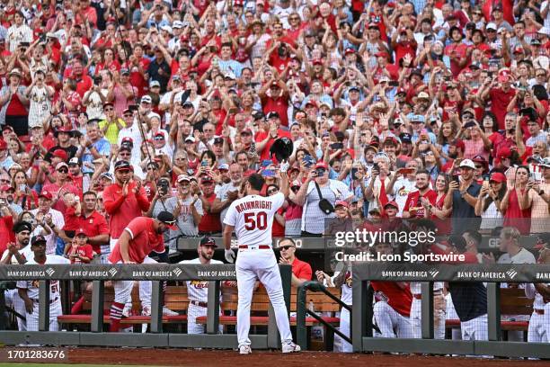 Oct 1: St. Louis Cardinals starting pitcher Adam Wainwright comes out for a standing ovation after taking an at bat in his final game before...