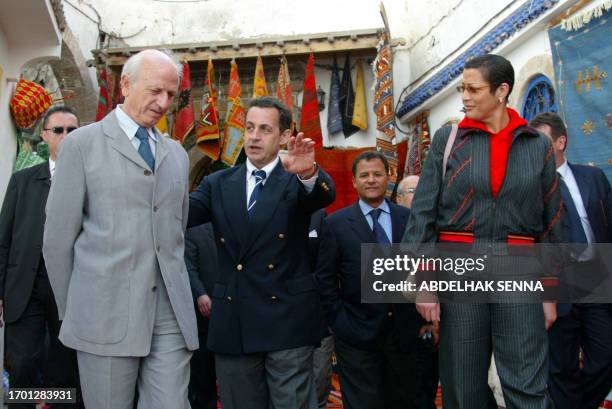 French ruling UMP party President Nicolas Sarkozy , Andre Azoulay, adviser to the king, and Asma Chaabi , mayor of Essaouira, visit the touristic...