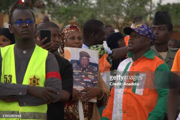 Bakary Yaou Sangare , who was made foreign minister after the coup, gives a speech during a protest held outside the French military base urging the...