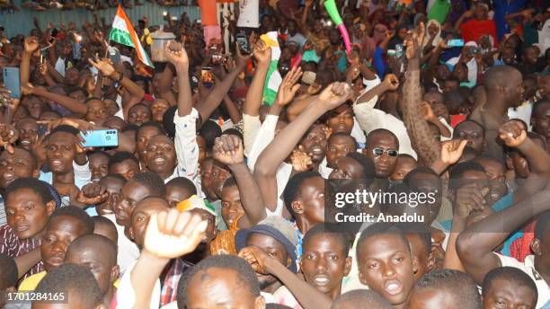 Bakary Yaou Sangare , who was made foreign minister after the coup, gives a speech during a protest held outside the French military base urging the...