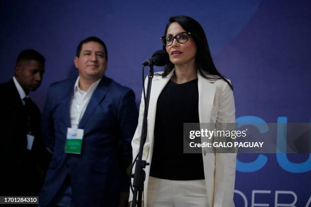 Ecuadorian presidential candidate Luisa Gonzalez, of the Movimiento Revolucion Ciudadana party, speaks next to vice presidential candidate Andres...