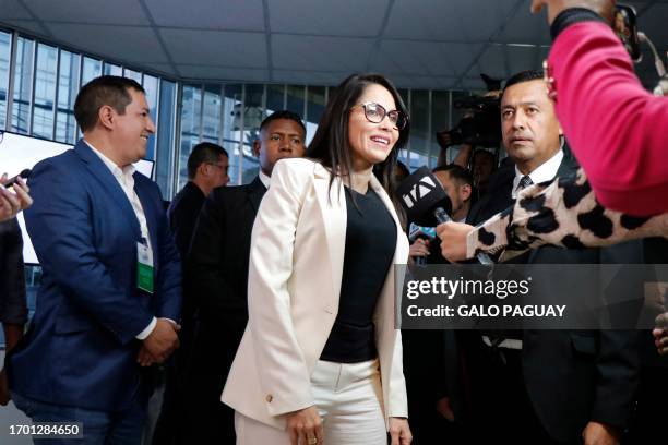 Ecuadorian presidential candidate Luisa Gonzalez, of the Movimiento Revolucion Ciudadana party, is pictured upon her arrival to participate in a...