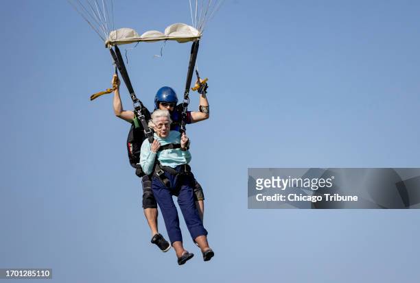 Dorothy Hoffner becomes the oldest person in the world to sky-dive on Oct. 1 at Skydive Chicago in Ottawa, Illinois. She's with tandem jumper Derek...