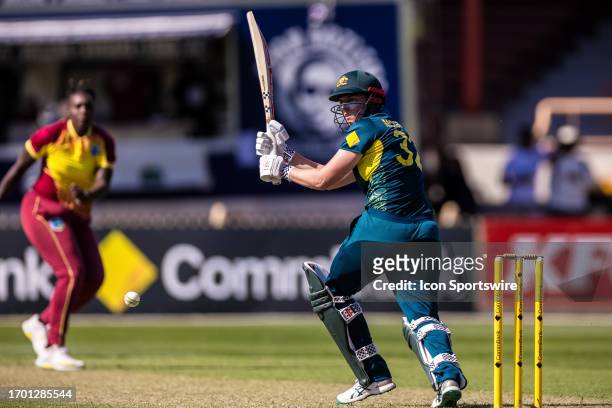 Tahlia McGrath of Australia plays a shot during the first match of the Women's T20 International Series between Australia and West Indies at the...
