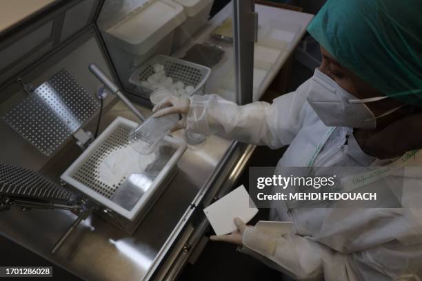 Rachida, a pharmacy technician, prepares medecines in the laboratory of the Delpech pharmacy in Paris, on September 28, 2023. Amoxicillin, corticoids...