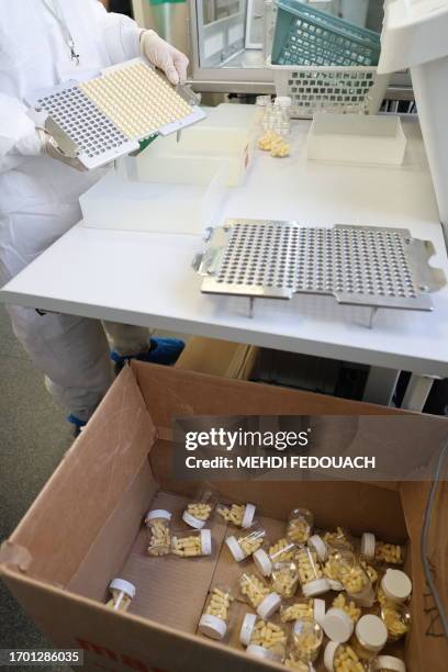 Pharmacy technician prepares medecines in the laboratory of the Delpech pharmacy in Paris, on September 28, 2023. Amoxicillin, corticoids and now...