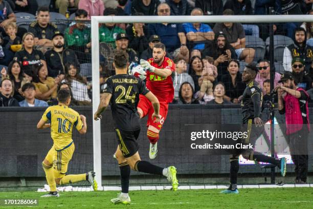 Maxime Crépeau of Los Angeles FC catches the ball during the match against Real Salt Lake at BMO Stadium on October 1, 2023 in Los Angeles,...