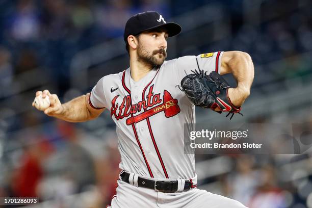 Spencer Strider of the Atlanta Braves throws to the plate in the second inning during game two of a doubleheader against the Washington Nationals at...