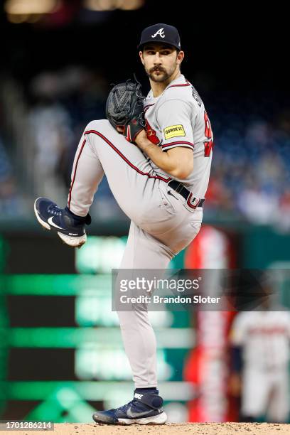 Spencer Strider of the Atlanta Braves throws to the plate in the first inning during game two of a doubleheader against the Washington Nationals at...