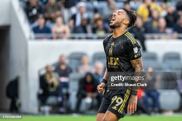 Denis Bouanga of Los Angeles FC reacts to a missed opportunity during the match against Real Salt Lake at BMO Stadium on October 1, 2023 in Los...