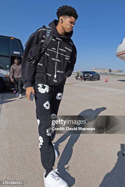 Josh Minott of the Minnesota Timberwolves departs for Abu Dhabi on October 1, 2023 at Minneapolis - Saint Paul International Airport in Minneapolis,...