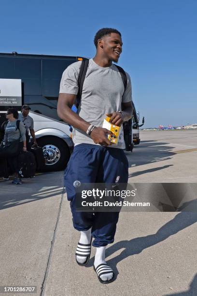 Anthony Edwards of the Minnesota Timberwolves departs for Abu Dhabi on October 1, 2023 at Minneapolis - Saint Paul International Airport in...