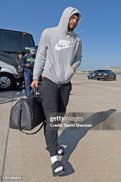 Tyrese Martin of the Minnesota Timberwolves departs for Abu Dhabi on October 1, 2023 at Minneapolis - Saint Paul International Airport in...