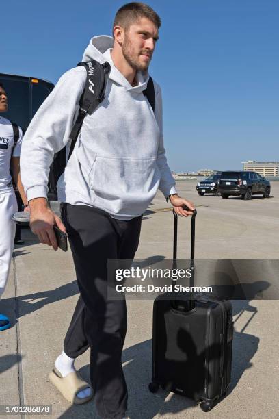 Matt Ryan of the Minnesota Timberwolves departs for Abu Dhabi on October 1, 2023 at Minneapolis - Saint Paul International Airport in Minneapolis,...