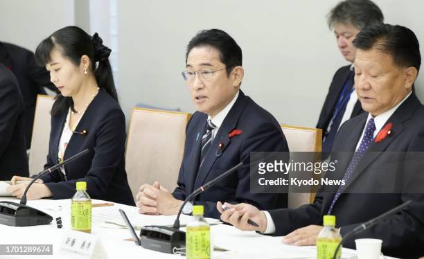 Japanese Prime Minister Fumio Kishida attends a government meeting on policies related to children at the premier's office in Tokyo on Oct. 2, 2023.