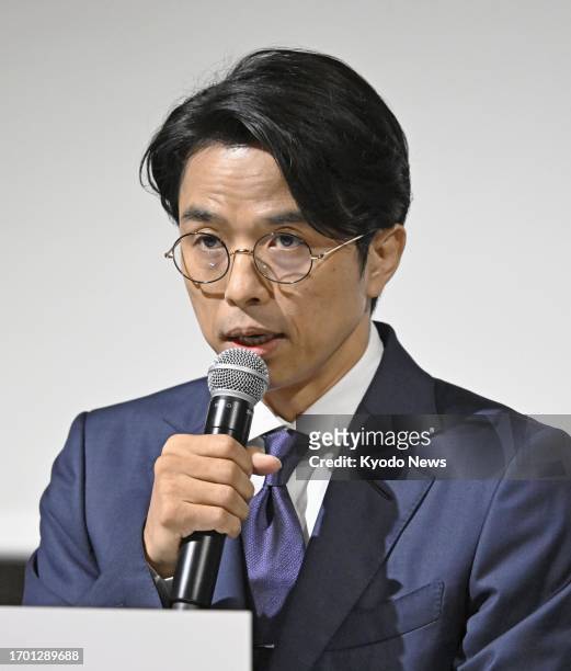 Yoshihiko Inohara, president of Johnnys' Island, a subsidiary of talent agency Johnny &amp; Associates Inc., attends a press conference in Tokyo on...