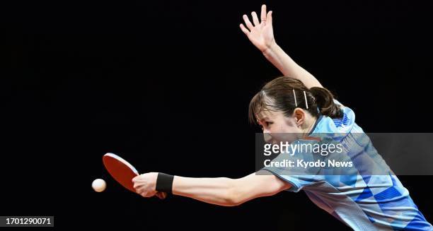 Japan's Hina Hayata plays against China's Sun Yingsha in the women's table tennis singles final at the Asian Games in Hangzhou, China, on Oct. 1,...