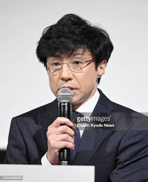 Noriyuki Higashiyama, president of talent agency Johnny &amp; Associates Inc., speaks at a press conference in Tokyo on Oct. 2, 2023.