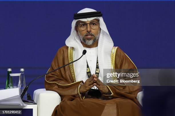 Suhail Al Mazrouei, United Arab Emirates' energy minister, speaks during a panel session at the Abu Dhabi International Petroleum Exhibition and...