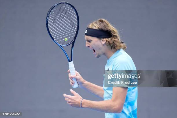 Alexander Zverev of Germany in action in the matchagainst Nicolas Jarry of Chile during day 7 of the 2023 China Open at National Tennis Center on...