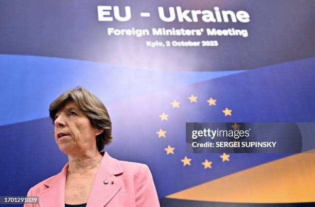 Minister for Europe and Foreign Affairs Catherine Colonna talks with the media prior to the EU-Ukraine Foreign Minister's meeting in Kyiv on October...