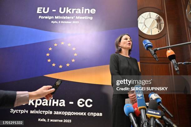 German Minister of Foreign Affairs Annalena Baerbock talks with media prior to the EU-Ukraine Foreign Minister's meeting in Kyiv on October 2 amid...