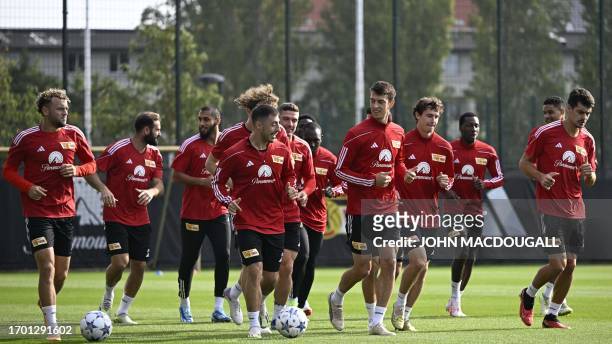 Union players attend a training session on the eve of the UEFA Champions League football match between Union Berlin and Sporting Braga in Berlin, on...