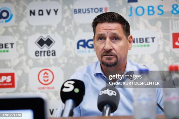 Glen De Boeck, the new head coach of the Belgian "Pro League" First Division football team KV Kortrijk, speaks during his presentation to the press,...