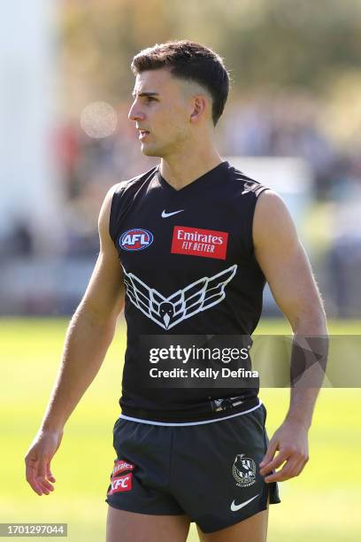 Nick Daicos of the Magpies looks on during a Collingwood Magpies AFL training session at AIA Centre on September 26, 2023 in Melbourne, Australia.