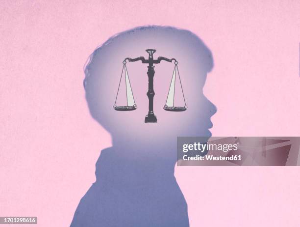 illustration of weight scale inside silhouette of boy - court decides on objections stock illustrations